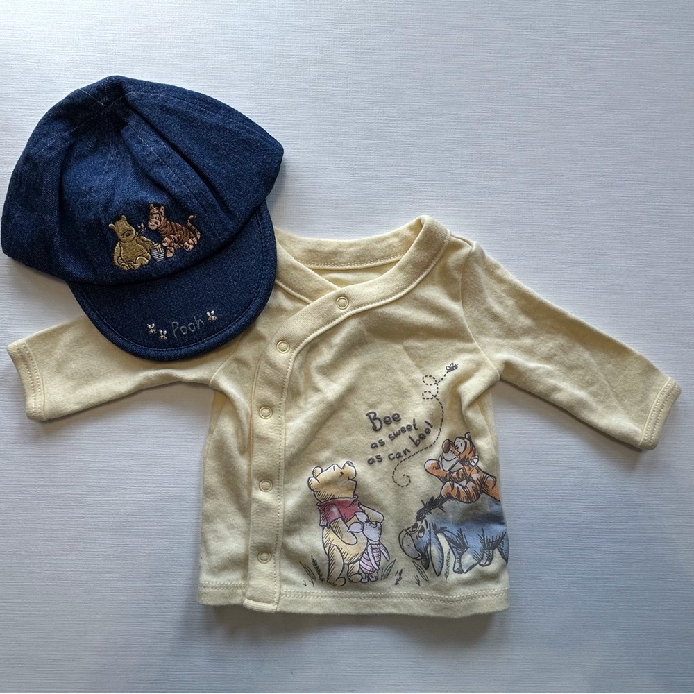 Disney Winnie the Pooh Newborn Long Sleeve‎ Button Down Shirt & Blue Newborn Cap